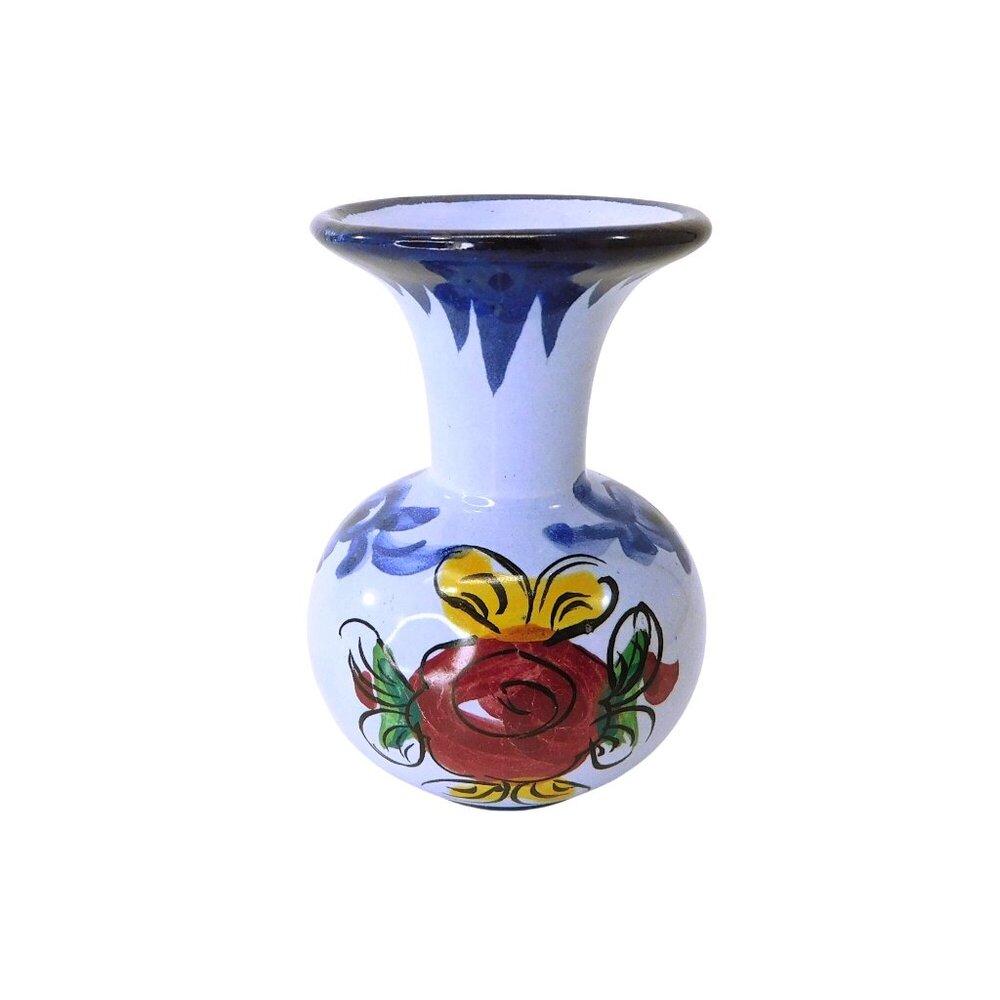 Small Portuguese Vase Hand Painted With Floral Design Ceramic  3"